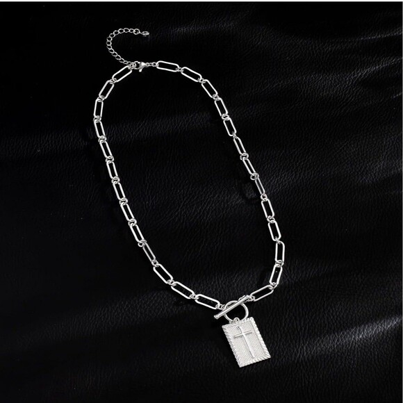 Cross Necklace, Chunky Silver rectangle cross charm, paperclip chain, toggle - Picture 4 of 6
